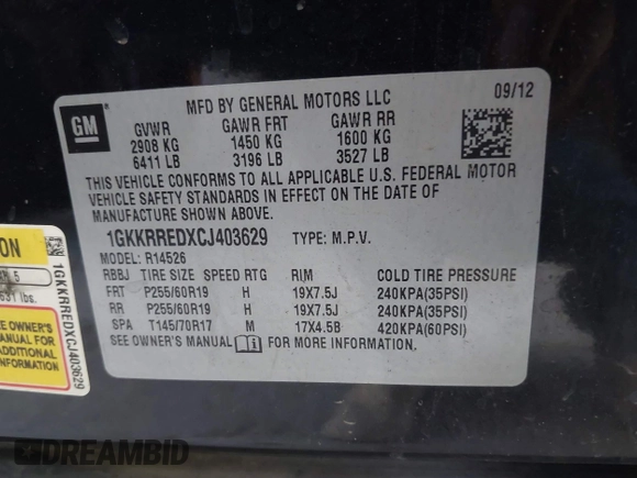 2012 GMC Acadia SLT1 with VIN 1GKKRREDXCJ403629, listed as a IAAI auction lot 42172115 with 162,520 mi miles. Bid and sale history available at carsss.com. Image 9.