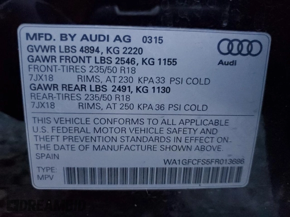 2015 Audi Q3 2.0T Prestige with VIN WA1GFCFS5FR013686, listed as a Copart auction lot 84069794 with 65,538 mi miles and Salvage Title. Bid and sale history available at carsss.com. Image 15.