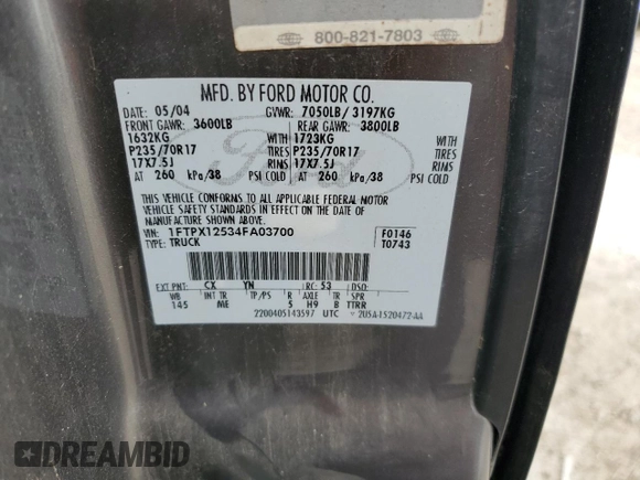2004 Ford F-150 XL with VIN 1FTPX12534FA03700, listed as a Copart auction lot 73039094 with Not Provided miles and Clean Title. Bid and sale history available at carsss.com. Image 12.