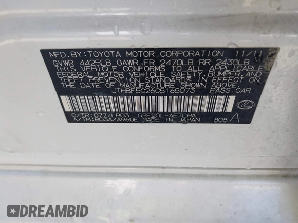 2012 Lexus IS 250 with VIN JTHBF5C26C5165073, listed as a IAAI auction lot 41577161 with 134,090 mi miles and . Bid and sale history available at DreamBid. Image 9.