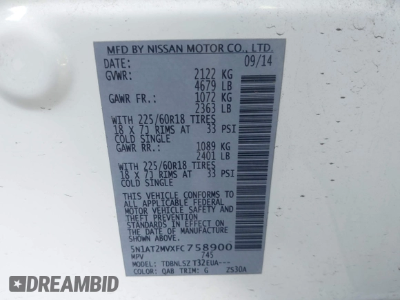 2015 Nissan Rogue SV with VIN 5N1AT2MVXFC758900, listed as a IAAI auction lot 41999538 with 104,478 mi miles and . Bid and sale history available at carsss.com. Image 9.