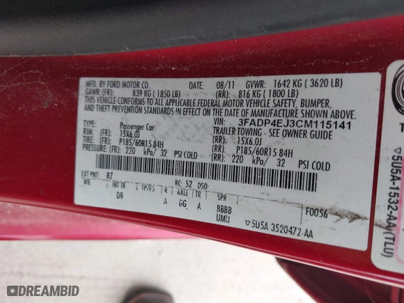 2012 Ford Fiesta SE with VIN 3FADP4EJ3CM115141, listed as a IAAI auction lot 41967221 with 1 mi miles. Bid and sale history available at carsss.com. Image 9.