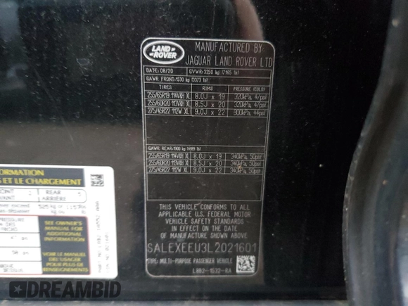 2020 Land Rover Defender X with VIN SALEXEEU3L2021601, listed as a Copart auction lot 86600934 with 49,039 mi miles and Salvage title. Bid and sale history available at DreamBid. Image 13.