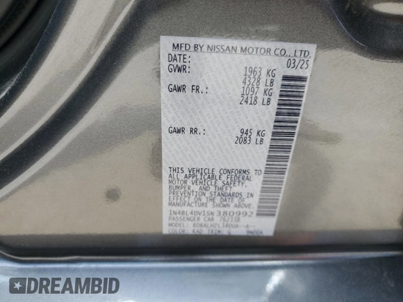 2025 Nissan Altima SV with VIN 1N4BL4DV1SN380992, listed as a Copart auction lot 54893205 with 2,011 mi miles and Clean Title. Bid and sale history available at DreamBid. Image 12.
