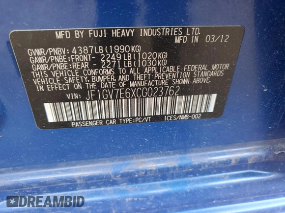 2012 Subaru WRX WRX with VIN JF1GV7E6XCG023762, listed as a Copart auction lot 56332545 with 127,263 mi miles and Salvage title. Bid and sale history available at DreamBid. Image 13.