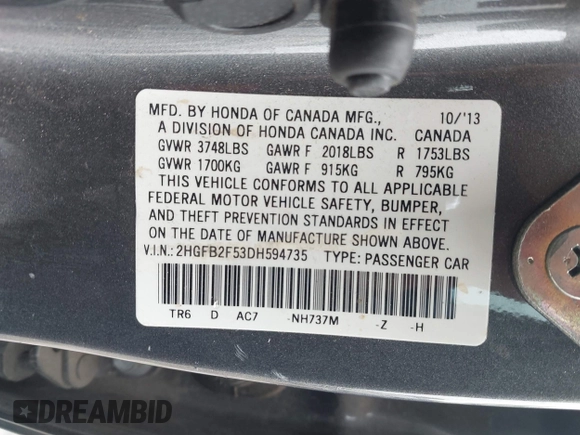 2013 Honda Civic LX with VIN 2HGFB2F53DH594735, listed as a IAAI auction lot 41910115 with Not Provided miles and . Bid and sale history available at DreamBid. Image 9.