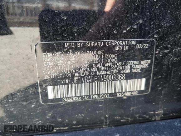 2022 Subaru WRX Premium with VIN JF1VBAF61N9003368, listed as a Copart auction lot 47369045 with 21,575 mi miles and Salvage Title. Bid and sale history available at carsss.com. Image 12.