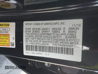 2020 Honda Accord EX-L with VIN 1HGCV2F57LA004141, listed as a IAAI auction lot 42136007 with 105,352 mi miles and . Bid and sale history available at DreamBid. Image 9.