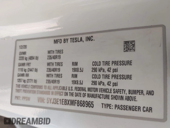 2021 Tesla Model 3 Long Range with VIN 5YJ3E1EBXMF868965, listed as a IAAI auction lot 41548119 with 43,087 mi miles and . Bid and sale history available at DreamBid. Image 9.