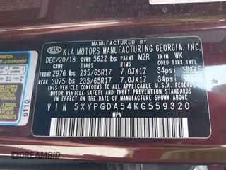 2019 Kia Sorento S V6 with VIN 5XYPGDA54KG559320, listed as a IAAI auction lot 40754605 with 68,555 mi miles. Bid and sale history available at carsss.com. Image 9.