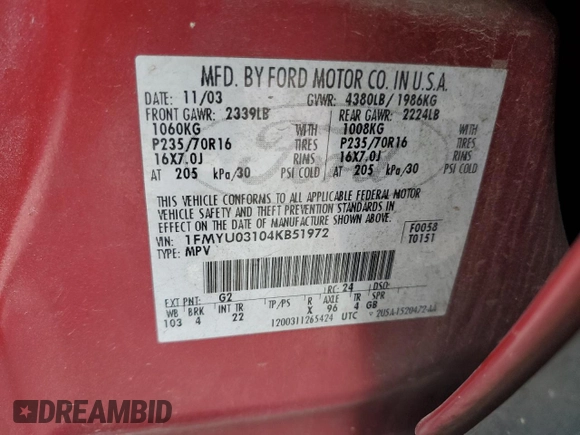 2004 Ford Escape XLT z VIN 1FMYU03104KB51972, wystawiony jako Copart lot #62119665 z przebiegiem 121 785 mil mil oraz Szkoda całkowita • Salvage title. Historia ofert i sprzedaży dostępna na DreamBid. Obrazek 12.