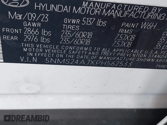 2023 Hyundai Santa Fe SEL with VIN 5NMS24AJXPH562533, listed as a IAAI auction lot 42153868 with 36,570 mi miles and . Bid and sale history available at DreamBid. Image 9.
