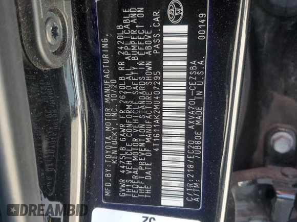 2021 Toyota Camry SE Nightshade with VIN 4T1G11AK2MU407295, listed as a Copart auction lot 48240415 with 63,240 mi miles and Salvage Title. Bid and sale history available at carsss.com. Image 12.