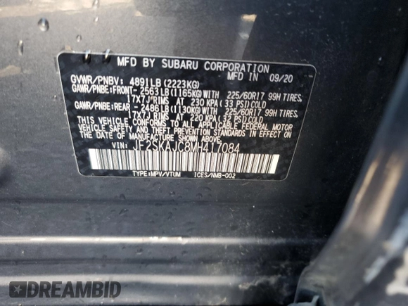 2021 Subaru Forester Premium with VIN JF2SKAJC8MH417084, listed as a Copart auction lot 56158285 with 18,937 mi miles and Salvage title. Bid and sale history available at DreamBid. Image 12.