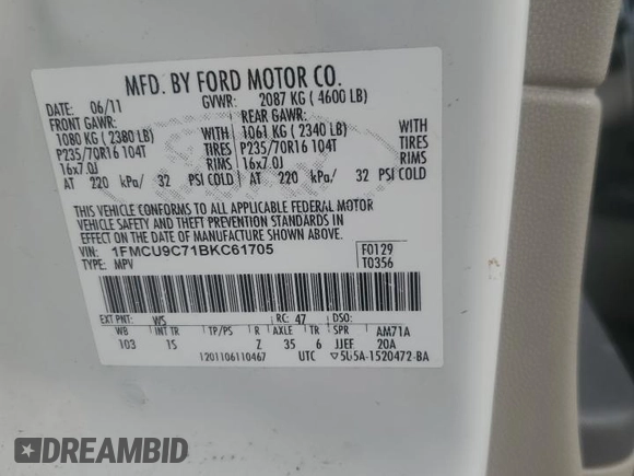 2011 Ford Escape XLS z VIN 1FMCU9C71BKC61705, wystawiony jako Copart lot #53281065 z przebiegiem 206 804 mil mil oraz Szkoda całkowita • Salvage title. Historia ofert i sprzedaży dostępna na DreamBid. Obrazek 13.