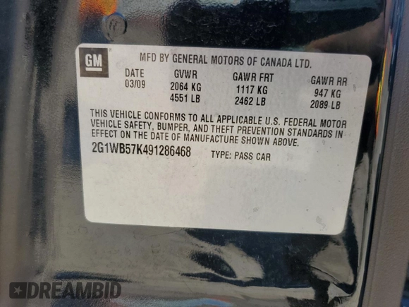2009 Chevrolet Impala LS with VIN 2G1WB57K491286468, listed as a Copart auction lot 55894825 with 159,567 mi miles and Non Repairable. Bid and sale history available at DreamBid. Image 12.