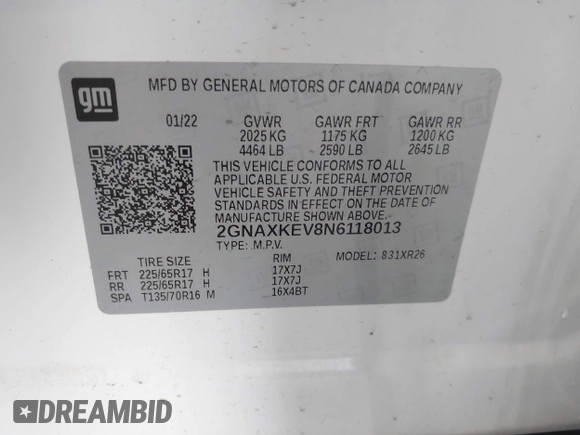 2022 Chevrolet Equinox LT z VIN 2GNAXKEV8N6118013, wystawiony jako IAAI lot #42306755 z przebiegiem 76 669 mil mil oraz . Historia ofert i sprzedaży dostępna na DreamBid. Obrazek 9.