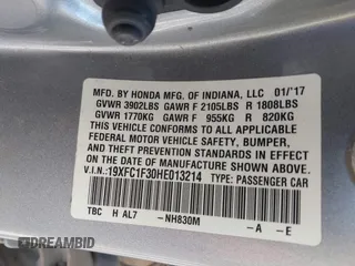 2017 Honda Civic Sedan EX-T with VIN 19XFC1F30HE013214, listed as a IAAI auction lot 41931716 with 185,215 mi miles. Bid and sale history available at carsss.com. Image 9.
