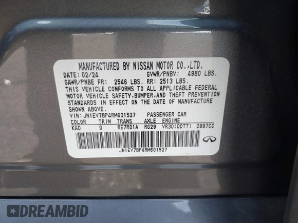 2024 Infiniti Q50 Luxe with VIN JN1EV7BP4RM601527, listed as a IAAI auction lot 41479566 with 1,588 mi miles and . Bid and sale history available at DreamBid. Image 9.
