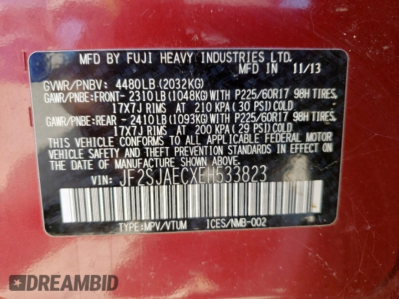 2014 Subaru Forester Premium z VIN JF2SJAECXEH533823, wystawiony jako Copart lot #56499935 z przebiegiem 206 046 mil mil oraz Szkoda całkowita • Salvage title. Historia ofert i sprzedaży dostępna na DreamBid. Obrazek 13.