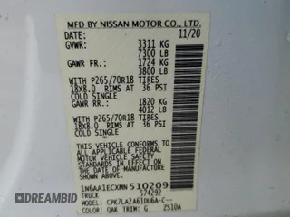 2021 Nissan Titan S with VIN 1N6AA1ECXMN510209, listed as a Copart auction lot 45485795 with 71,495 mi miles and Salvage title. Bid and sale history available at DreamBid. Image 13.