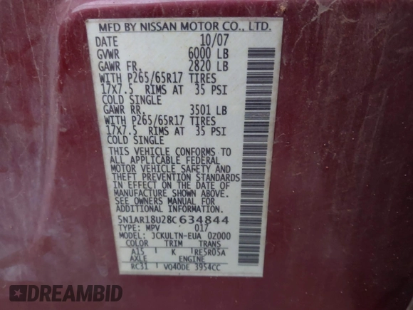 2008 Nissan Pathfinder S with VIN 5N1AR18U28C634844, listed as a IAAI auction lot 41209390 with 203,949 mi miles. Bid and sale history available at carsss.com. Image 9.