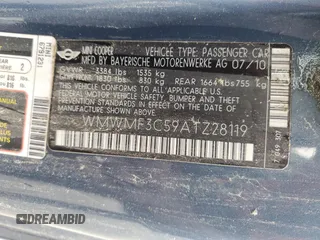 2010 MINI Hardtop with VIN WMWMF3C59ATZ28119, listed as a Copart auction lot 56213355 with 179,994 mi miles and Non Repairable. Bid and sale history available at DreamBid. Image 12.