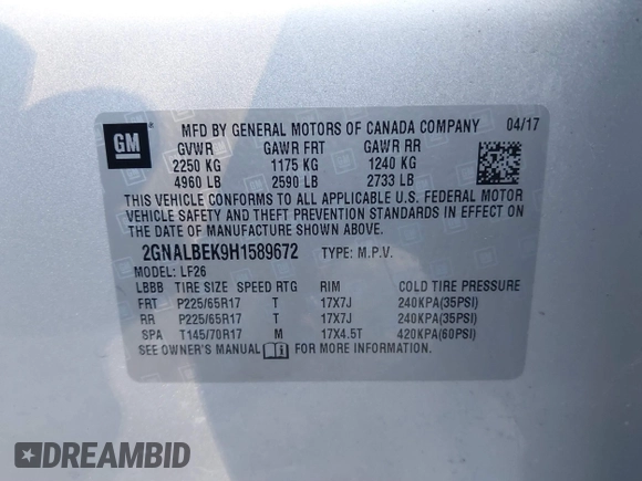 2017 Chevrolet Equinox LS with VIN 2GNALBEK9H1589672, listed as a IAAI auction lot 40798555 with 80,147 mi miles and . Bid and sale history available at carsss.com. Image 9.