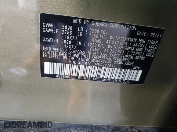 2021 Subaru Outback Onyx XT with VIN 4S4BTGLD4M3227019, listed as a Copart auction lot 49040525 with 78,772 mi miles and Salvage title. Bid and sale history available at DreamBid. Image 12.