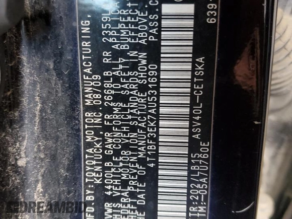 2010 Toyota Camry z VIN 4T1BF3EK7AU531690, wystawiony jako Copart lot #53103605 z przebiegiem 177 835 mil mil oraz Szkoda całkowita • Salvage title. Historia ofert i sprzedaży dostępna na DreamBid. Obrazek 12.
