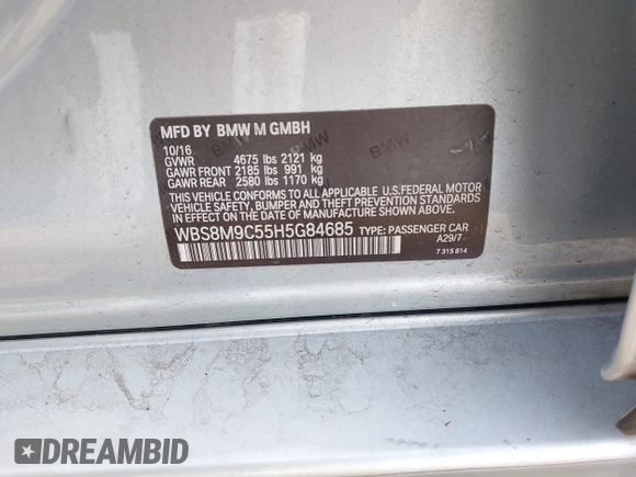 2017 BMW M3 с VIN WBS8M9C55H5G84685, выставлен на аукционе IAAI как лот 41962997 с пробегом 59 838 миль миль и . История ставок и продаж доступна на DreamBid. Изображение 9.