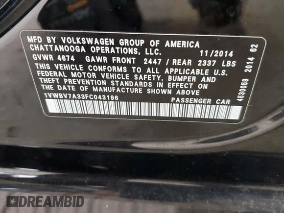 2015 Volkswagen Passat SE with VIN 1VWBV7A33FC043196, listed as a Copart auction lot 56210725 with 136,342 mi miles and Salvage title. Bid and sale history available at DreamBid. Image 12.