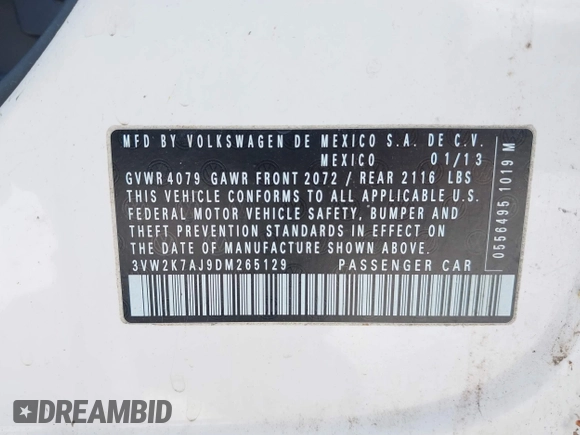 2013 Volkswagen Jetta S with VIN 3VW2K7AJ9DM265129, listed as a IAAI auction lot 42562999 with 179,137 mi miles and . Bid and sale history available at DreamBid. Image 9.