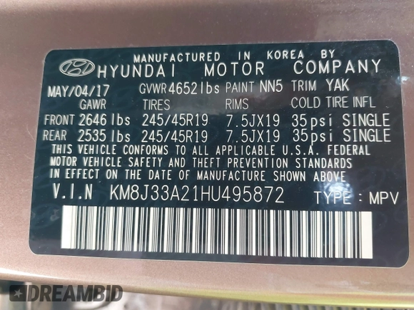 2017 Hyundai Tucson Value z VIN KM8J33A21HU495872, wystawiony jako IAAI lot #42235210 z przebiegiem 158 185 mil mil oraz . Historia ofert i sprzedaży dostępna na DreamBid. Obrazek 9.