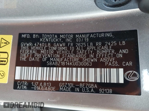 2019 Lexus ES 350 with VIN 58ABZ1B14KU030063, listed as a IAAI auction lot 42152099 with 71,017 mi miles and . Bid and sale history available at DreamBid. Image 9.