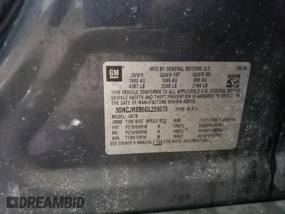2016 Chevrolet Trax LTZ with VIN 3GNCJRSB5GL229579, listed as a Copart auction lot 49098985 with 151,093 mi miles and Salvage Title. Bid and sale history available at carsss.com. Image 12.
