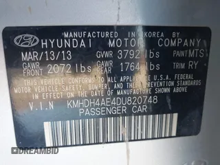 2013 Hyundai Elantra GLS with VIN KMHDH4AE4DU820748, listed as a IAAI auction lot 42398661 with 233,670 mi miles and . Bid and sale history available at DreamBid. Image 9.