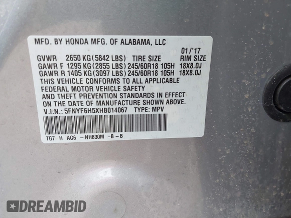 2017 Honda Pilot EX-L with VIN 5FNYF6H5XHB014067, listed as a IAAI auction lot 42083742 with 143,043 mi miles and . Bid and sale history available at DreamBid. Image 9.