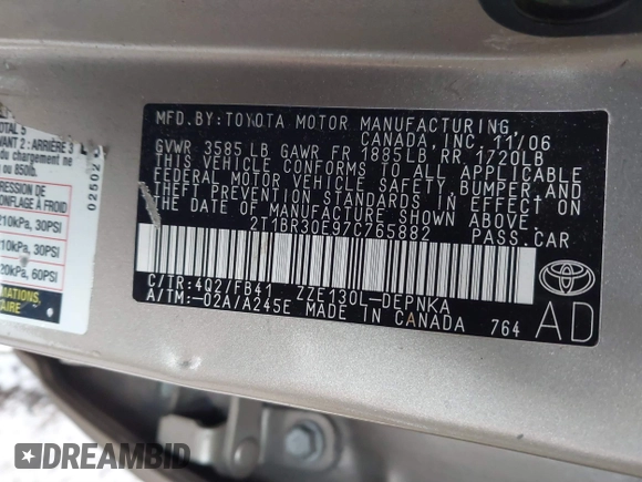 2007 Toyota Corolla CE with VIN 2T1BR30E97C765882, listed as a IAAI auction lot 41561370 with 182,309 mi miles and . Bid and sale history available at DreamBid. Image 9.