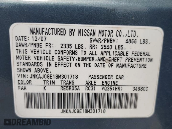 2008 Infiniti EX Journey with VIN JNKAJ09E18M301718, listed as a Copart auction lot 53867545 with 221,989 mi miles and Salvage Title. Bid and sale history available at DreamBid. Image 13.