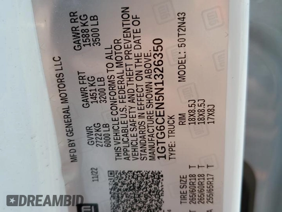 2022 GMC Canyon 4WD Elevation z VIN 1GTG6CEN5N1326350, wystawiony jako Copart lot #52926675 z przebiegiem 82 857 mil mil oraz Szkoda całkowita • Salvage title. Historia ofert i sprzedaży dostępna na DreamBid. Obrazek 12.
