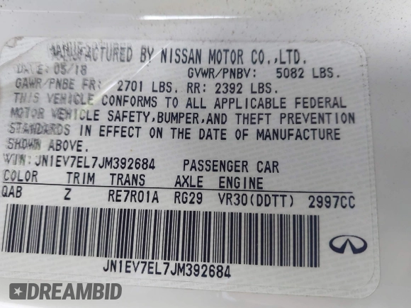 2018 Infiniti Q60 3.0t Luxe with VIN JN1EV7EL7JM392684, listed as a IAAI auction lot 41419590 with 50,418 mi miles and . Bid and sale history available at carsss.com. Image 9.