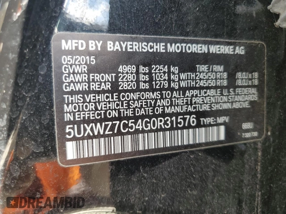 2016 BMW X3 sDrive28i with VIN 5UXWZ7C54G0R31576, listed as a Copart auction lot 50885685 with 94,750 mi miles and Clean Title. Bid and sale history available at DreamBid. Image 12.