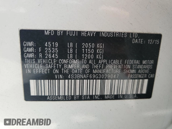 2016 Subaru Legacy Premium with VIN 4S3BNAF69G3029047, listed as a Copart auction lot 61588915 with 223,297 mi miles and Salvage title. Bid and sale history available at DreamBid. Image 12.