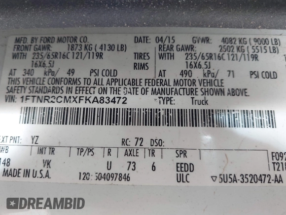 2015 Ford Transit Cargo with VIN 1FTNR2CMXFKA83472, listed as a IAAI auction lot 42212853 with 88,182 mi miles and . Bid and sale history available at DreamBid. Image 9.