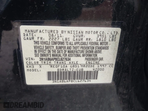 2012 Nissan Sentra S with VIN 3N1AB6AP8CL627634, listed as a IAAI auction lot 41620332 with 130,806 mi miles and . Bid and sale history available at DreamBid. Image 9.
