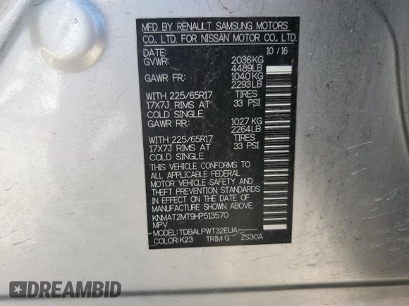 2017 Nissan Rogue SV with VIN KNMAT2MT9HP513570, listed as a Copart auction lot 56468365 with 97,066 mi miles and Salvage title. Bid and sale history available at DreamBid. Image 13.