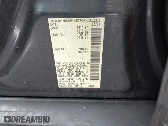 2015 Nissan Altima S with VIN 1N4AL3APXFC228738, listed as a IAAI auction lot 41487127 with 169,887 mi miles and . Bid and sale history available at DreamBid. Image 9.