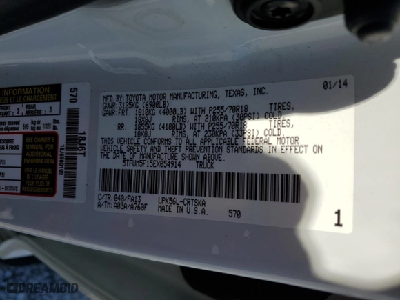 2014 Toyota Tundra 4WD Truck SR with VIN 5TFUM5F15EX054914, listed as a Copart auction lot 46141565 with 159,793 mi miles and Salvage Title. Bid and sale history available at carsss.com. Image 14.