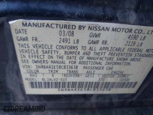 2008 Nissan Maxima 3.5 SL with VIN 1N4BA41E58C833638, listed as a IAAI auction lot 41762059 with 187,225 mi miles. Bid and sale history available at carsss.com. Image 9.
